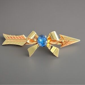 Coro Vintage Bow & Arrow Brooch Gold and Blue Rhinestone Pin